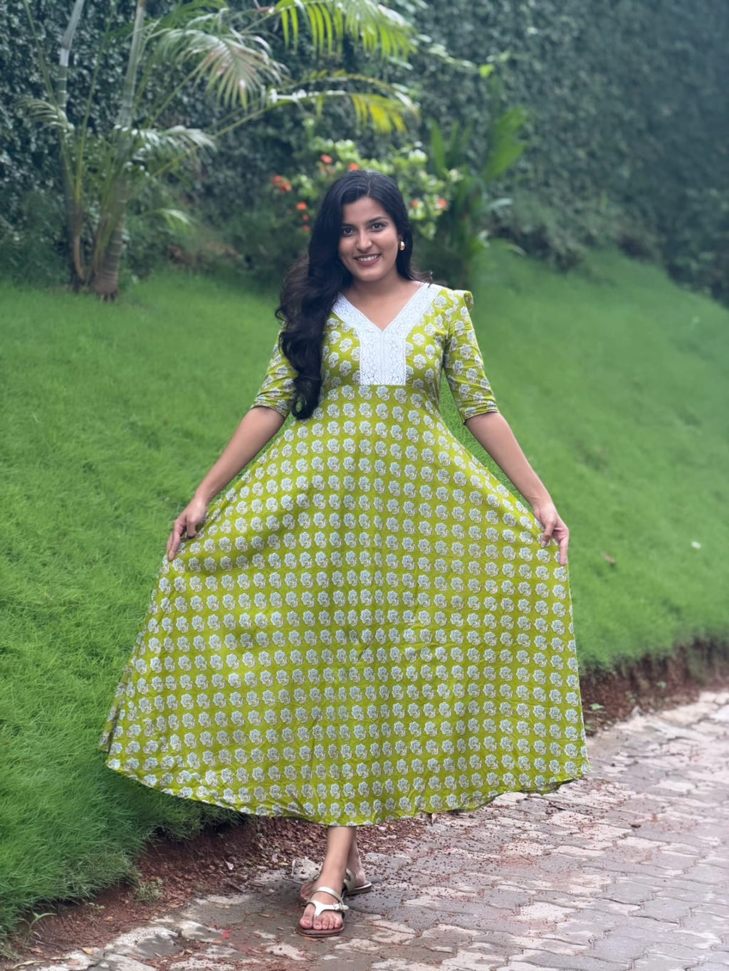 [PBC1069] Lime Floral Booti Jaipur Soft Cotton – full-body front, skirt held wide