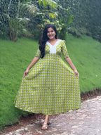 [PBC1069] Lime Floral Booti Jaipur Soft Cotton – full-body front, skirt held wide