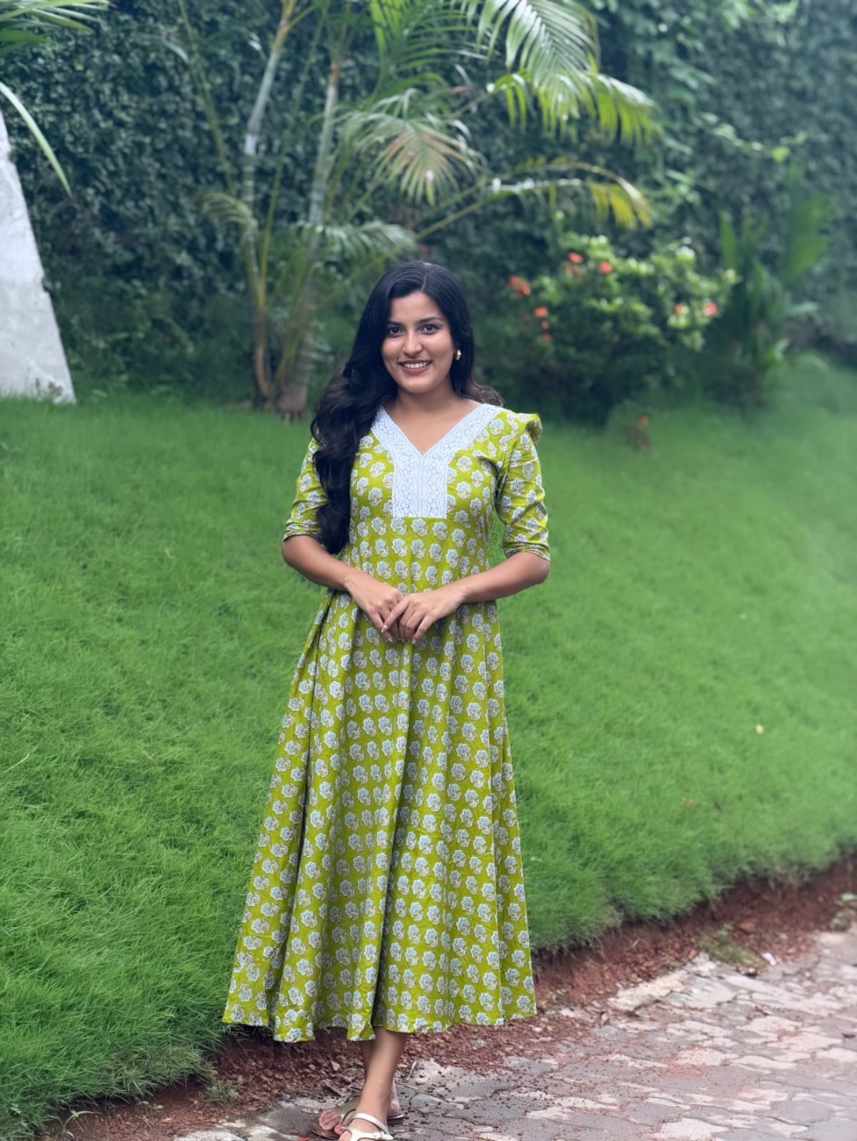 [PBC1069] Lime Floral Booti Jaipur Soft Cotton – full-body front, hands clasped