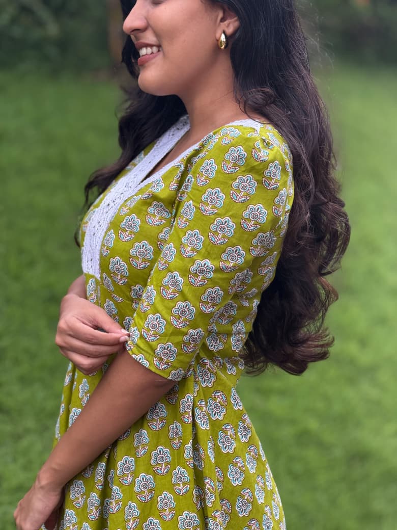 [PBC1069] Lime Floral Booti Jaipur Soft Cotton – side profile view