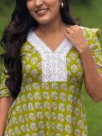 [PBC1069] Lime Floral Booti Jaipur Soft Cotton – yoke and lace close-up