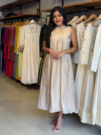 [PBC1072] ivory-gold booti tissue frill A-line dress – alternate front view