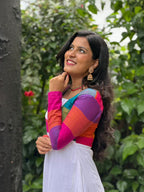 [PBC1074] Rainbow madras-check Kasavu Traditional dress – three-quarter portrait view
