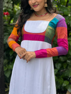 Detail of [PBC1074] Kasavu Traditional dress – showing colourblock yoke and sleeve