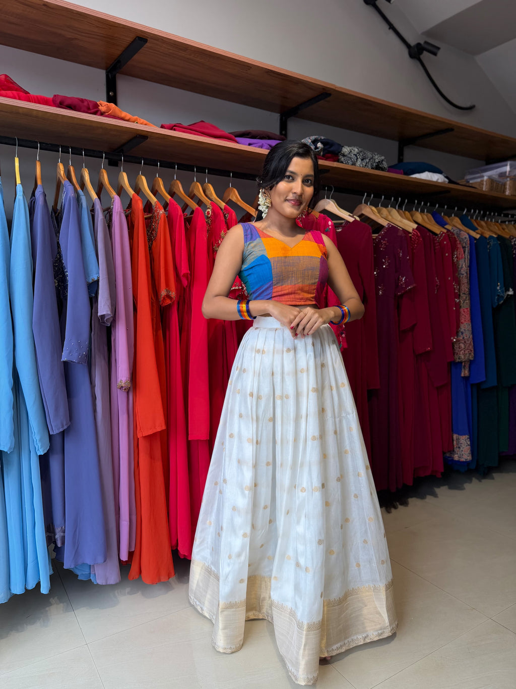 [PBC1076] Rainbow madras-check blouse with ivory kasavu skirt – full-length front view in garden setting