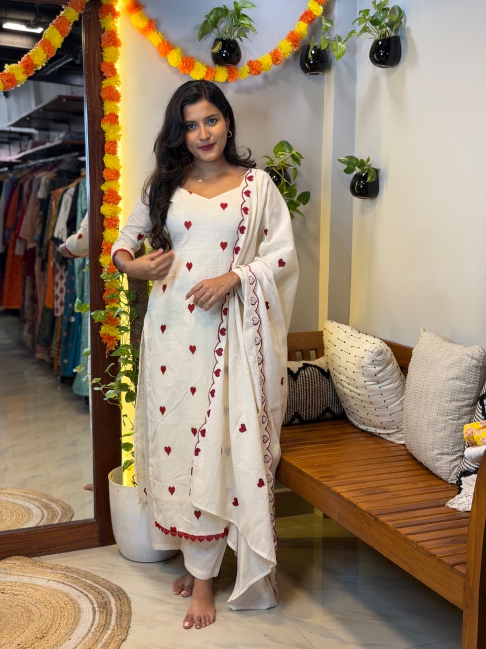 [PBC1077] Ivory heart-embroidered Jaipur Soft Cotton kurta set – full-length front view