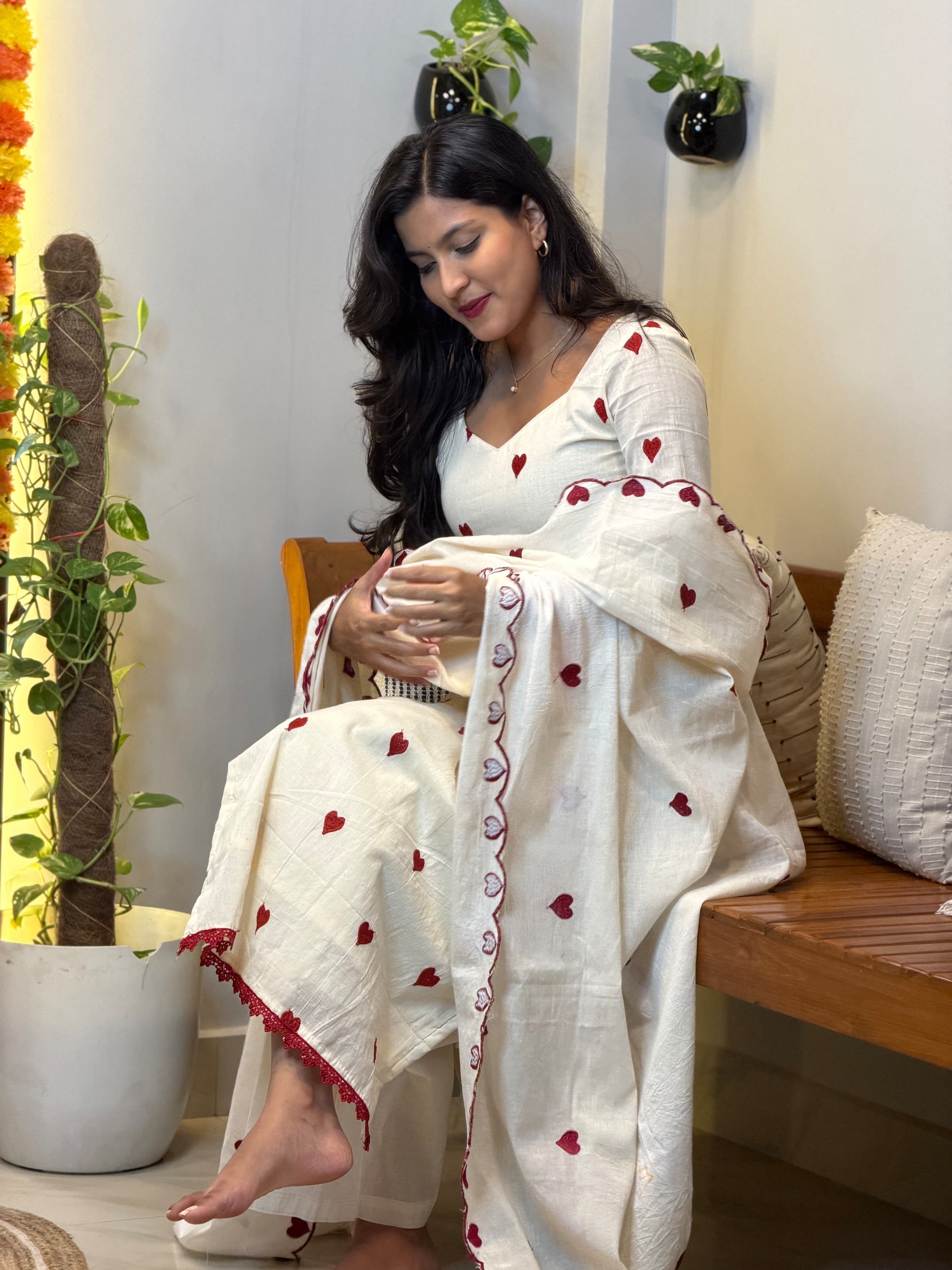[PBC1077] Ivory heart-embroidered Jaipur Soft Cotton kurta set with dupatta – full-length seated view