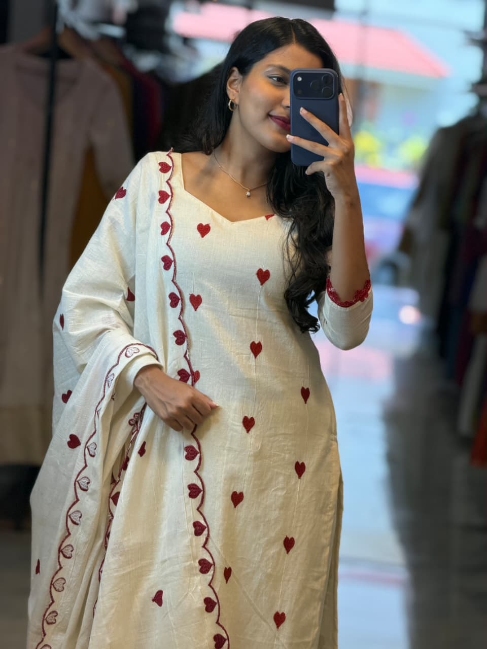 [PBC1077] Ivory Jaipur Soft Cotton with maroon heart embroidery – full-length view