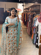 [PBC1080] Turquoise Marigold Block-Print Jaipur Soft Cotton – full-length view with the printed dupatta draped over one shoulder