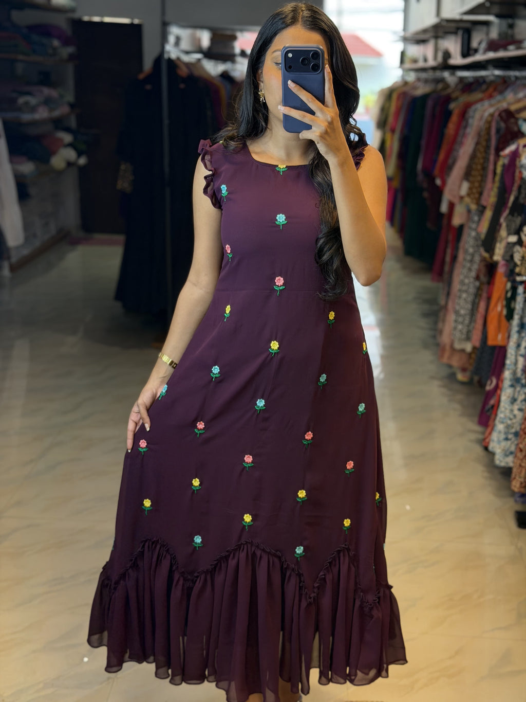[PBC1084] Plum floral booti Embroidered Georgette – full-length front view showing the allover multicoloured embroidery