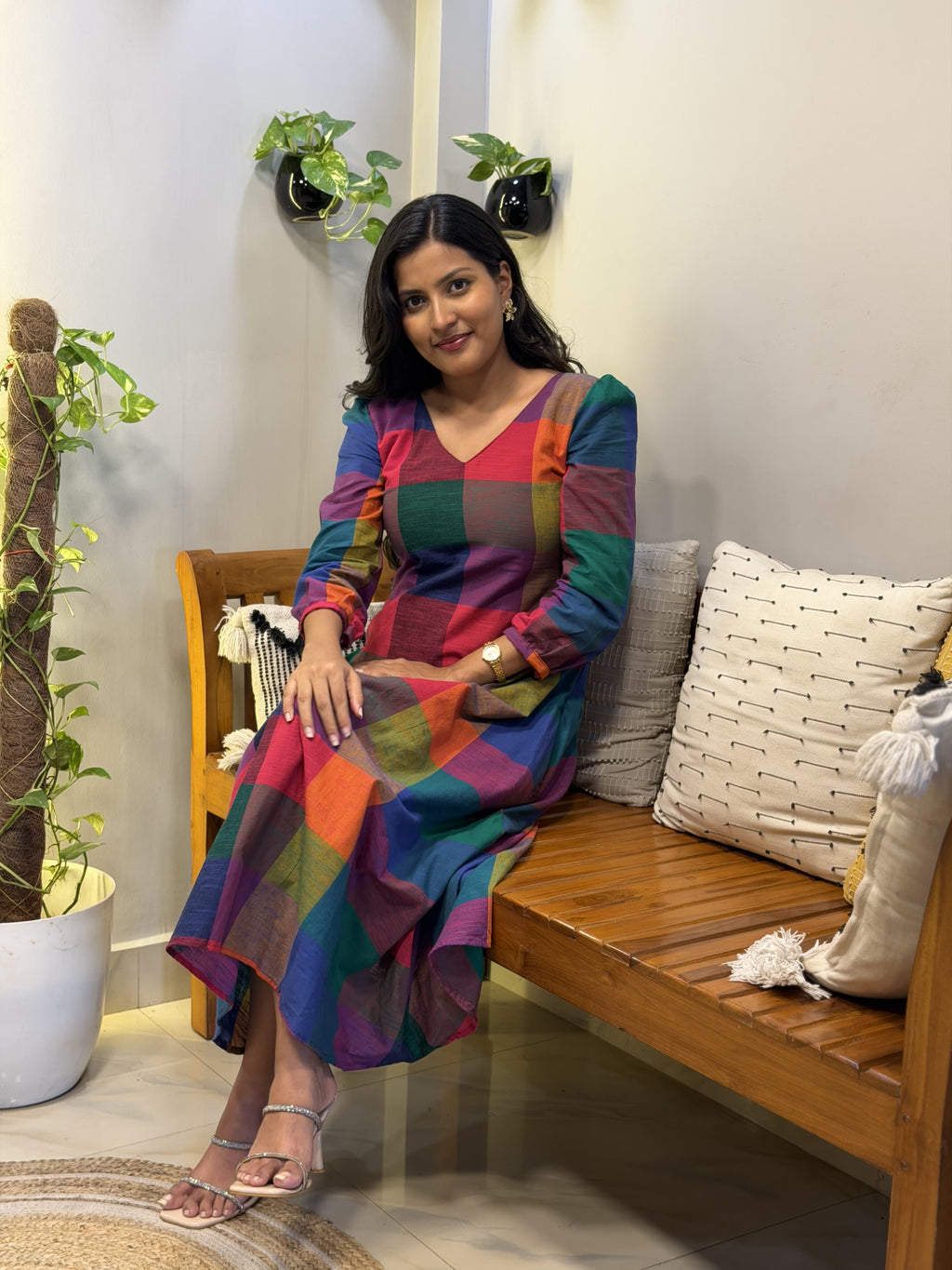 [PBC1085] Multicolour Madras check Jaipur Soft Cotton – seated view showing the fall of the skirt