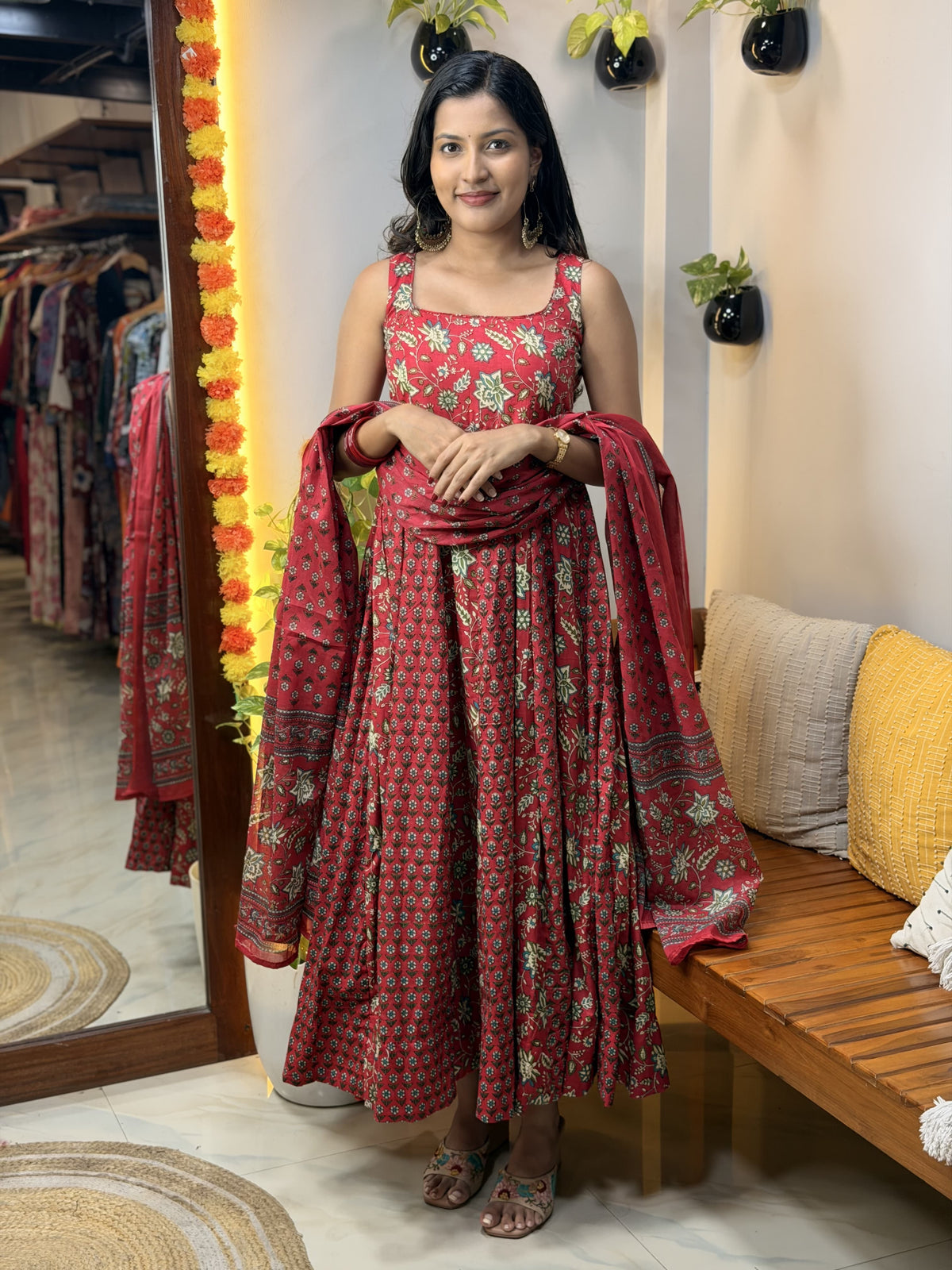 [PBC1087] Crimson floral block-print Jaipur Soft Cotton – full-length front view with matching dupatta