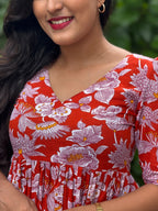 [PBC1089] Scarlet Lotus Bloom Jaipur Soft Cotton – close-up of the lilac and white lotus and peony print across the yoke