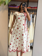 [PBC1096] Red polka dot gingham-trim Jaipur Soft Cotton – full-length mirror view showing the scalloped gingham hem